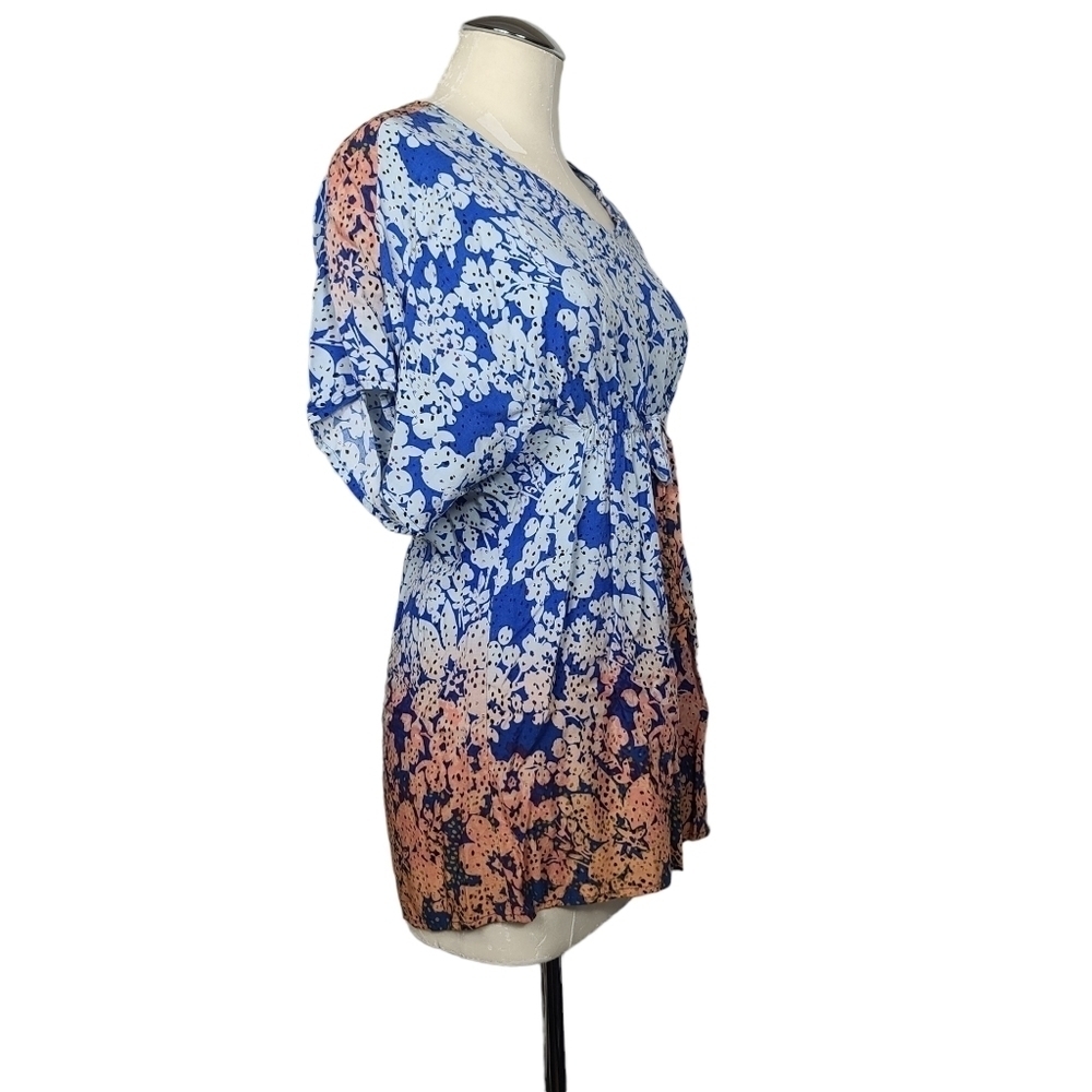 Cabi Ombre Floral Blue White Orange Cinched Waist Tie Blouse S #891 - Picture 5 of 10